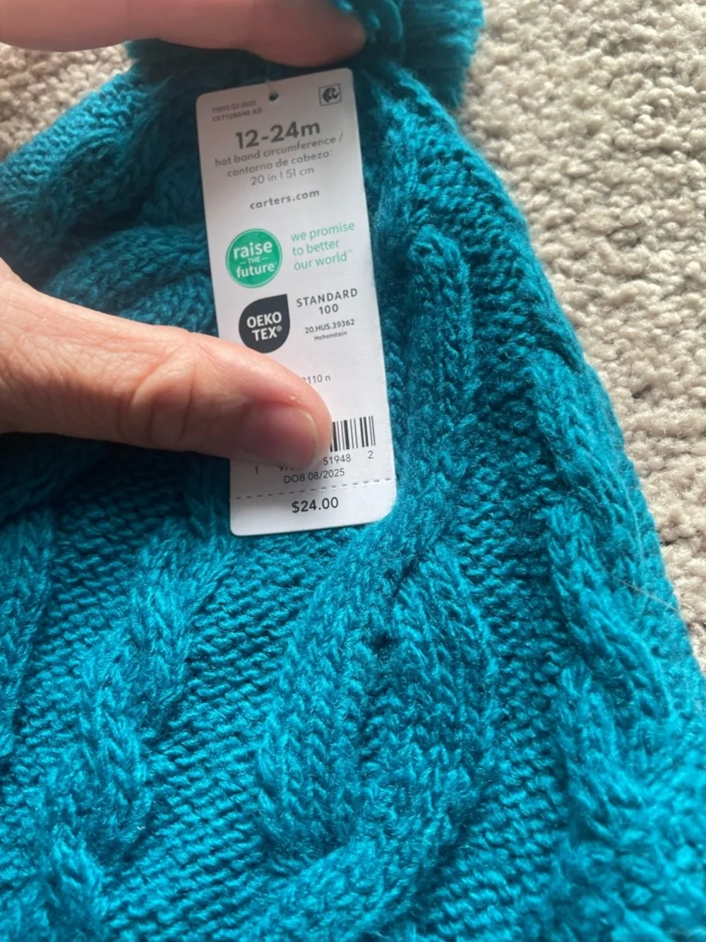NWT Carters toddler Teal Cable Knit Pom Pom Beanie 12-24 months